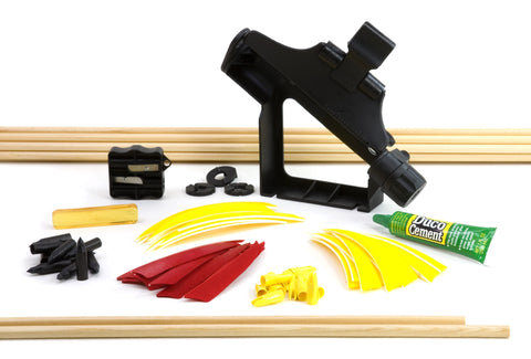 Arrow Assembly Kit #1 includes: clear-lacquered shaft, fletch, nock & points, taper tool, Ferr-L-Tite & Duco cement